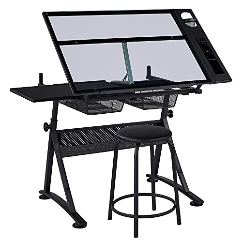 Adjustable Drafting Table with Stool, Tilting Glass Art Desk, Black