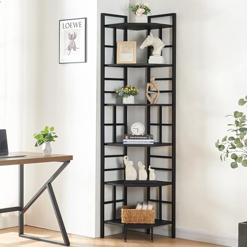 6-Tier Tall Corner Bookshelf, Industrial Metal and Wood Storage Unit