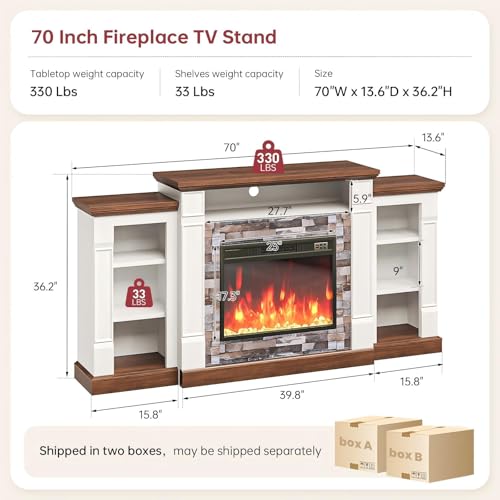 70-Inch Electric Fireplace TV Stand with Open Storage - White & Black Variants