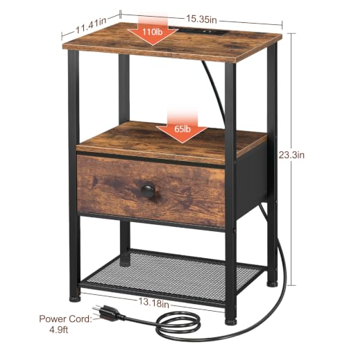 Nightstands Set of 2 with Charging Station, Fabric Drawer & Open Shelf