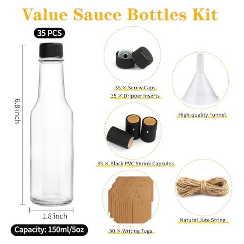 35 Pack 5oz Glass Hot Sauce Bottles with Screw Caps and Funnel