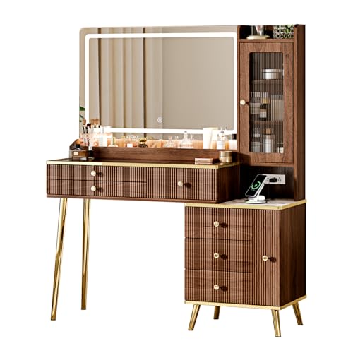 Modern Makeup Vanity Desk with Lighted Mirror, 7 Drawers & Charging Station