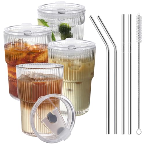 16 oz Ribbed Reusable Iced Coffee Cups with Lids and Straws - 4 Piece Set
