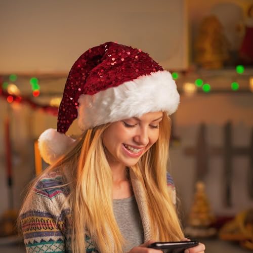 KorhLeoh Red Sequin Santa Hat for Men & Women - Glittery Party Christmas Hat, Medium