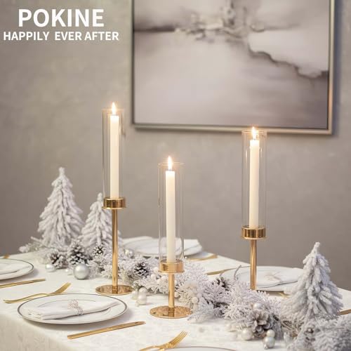 POKINE Gold 6pcs Taper Candle Holders Set – Varying Heights, Glass Candlestick Set