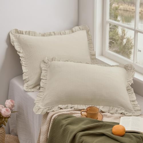 King Size Cotton Muslin Ruffle Pillow Shams, 2-Pack Breathable Gauze Covers