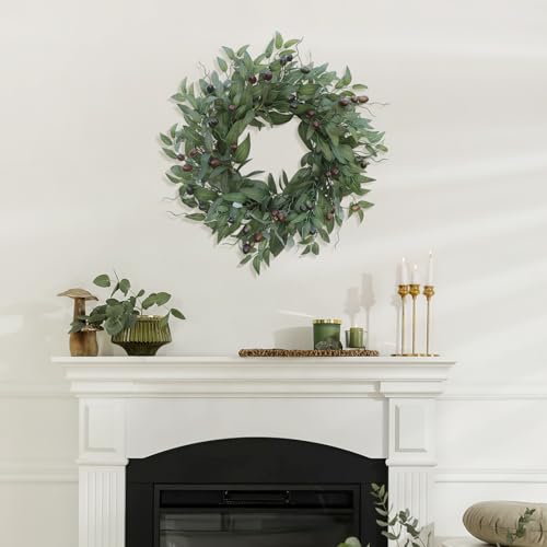 20-Inch Artificial Olive Wreath for Front Door, Realistic Leaf & Berry Decor