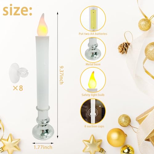 Silver 8-Pack Dusk-to-Dawn Sensor LED Christmas Window Candles - Battery Operated, Flameless Indoor Decor