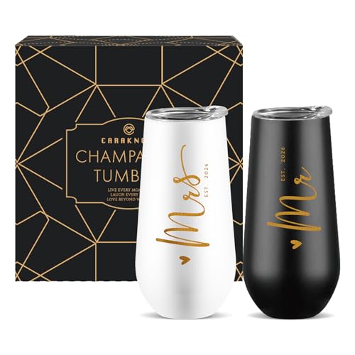 CARANOTS Mr & Mrs 2026 Champagne Flute Set - Wedding Gift, 10 oz Stemless Stainless Steel, Black & White, Gift Box