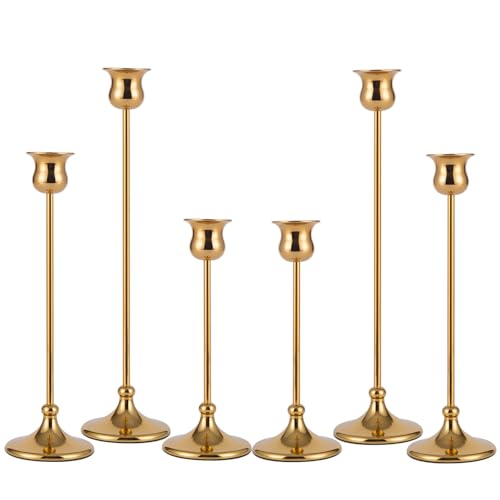 Pusenlan Tall Gold Taper Candle Holders Set of 6 | Vintage Metal Candelabra for Holidays & Weddings