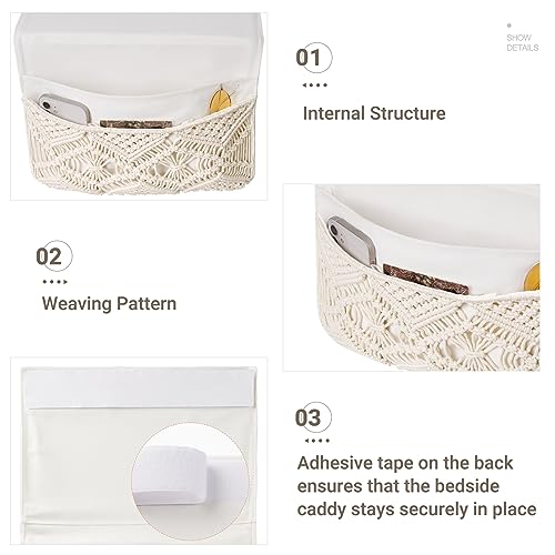 Macrame Bedside Caddy - Boho Cotton Bedside Storage Organizer with 4 Pockets