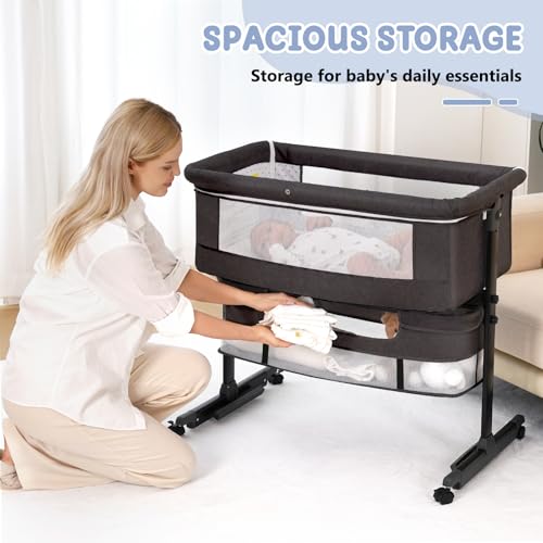 3-in-1 Baby Bedside Sleeper Bassinet with Wheels & Rocking Mode - Gray
