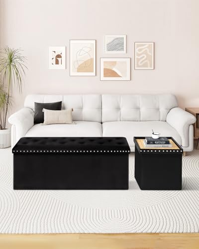 43-Inch Velvet Storage Ottoman Bench, Tufted Foldable Footstool with 140L
