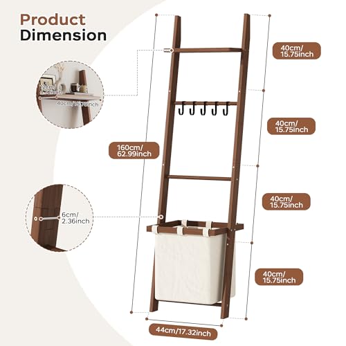 63-Inch Bamboo Blanket Ladder with Shelf, Fabric Basket, and 5 Hanging Hooks