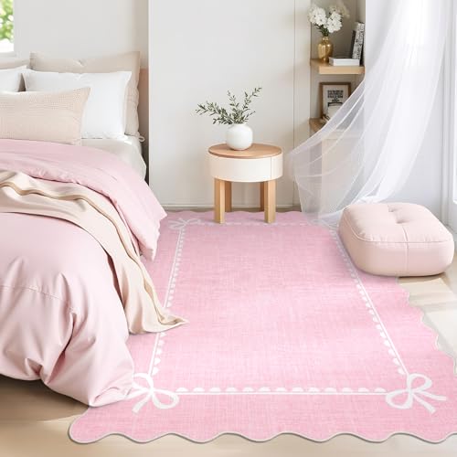 5x7 Scalloped Bow Area Rug, Washable Non-Slip Soft Pink Bedroom Carpet