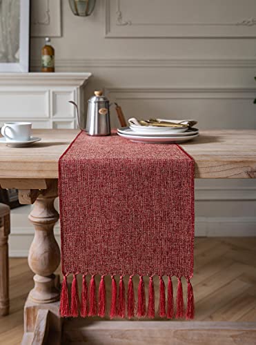 Red Burlap Table Runner 108in x 13in with Tassels - Classic Rustic Farmhouse 100% Polyester