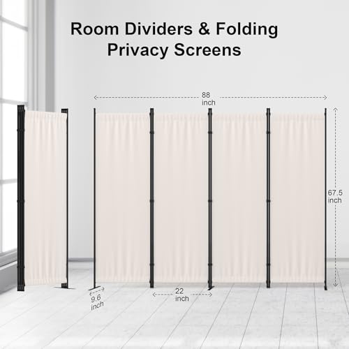 4-Panel Folding Room Divider, 6FT Portable Privacy Screen Partition, White