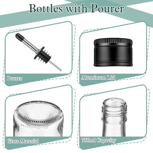 Maxdot 10 Pcs Long Neck Glass Wine Bottles with Pourers & Stoppers - 750ml Bar Liquor Storage