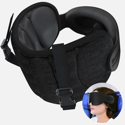 SARISUN Airplane Travel Pillow with Integrated 3D Eye Mask & Head Strap