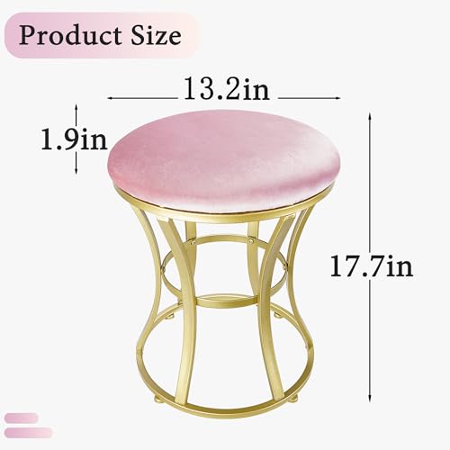 Round Velvet Vanity Stool with Gold Metal Legs - Compact Makeup Chair