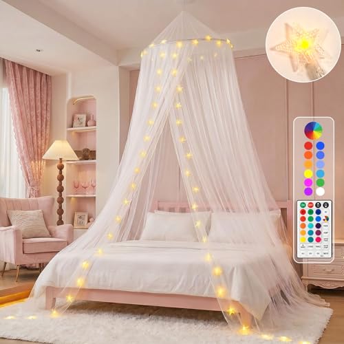 Princess Bed Canopy with LED Star Lights & Remote Timer for Twin to King Beds