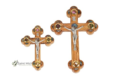 11 Inch Olive Wood Cross Wall Hanging from Bethlehem with Mother of Pearl & Jerusalem Stones - Christian Religious Decor Gift for Easter & Christmas