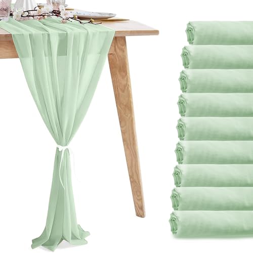 VZZNN 10 Pack Sage Green Chiffon Table Runners - 120 x 12 inches, Wedding & Party Decor