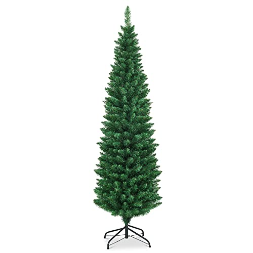 6ft Slim Pencil Artificial Christmas Tree with Metal Stand, Unlit Green