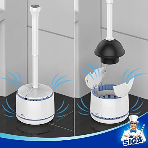 Heavy Duty Toilet Plunger and Holder Set with Automatic Lid, White