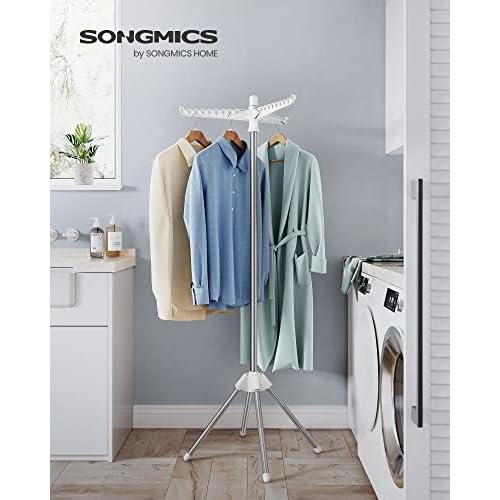 SONGMICS Clothes Drying Rack, 59-Inch Folding Laundry Drying Rack with 3 Rotatable Arms for Hangers, 4 Legs, Stainless Steel, for 27 Pieces of Clothes, White and Silver ULLR510W01