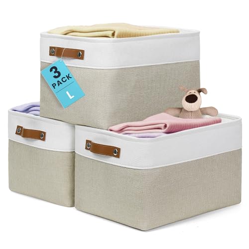 Canvas Storage Baskets 3 Pack - 15x11in Fabric Bins with Handles
