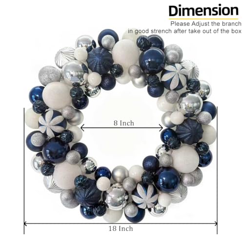 18in Christmas Ball Wreath with Lights – Silver Blue White, Pre‑assembled Front Door Decor