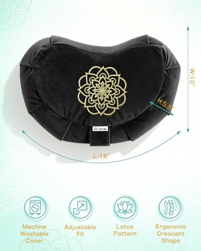 Crescent Meditation Cushion - Ergonomic Buckwheat Hull Floor Pillow (Black)