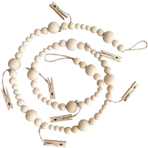4-Foot Boho Wooden Bead Photo Display Garland with 7 Clips