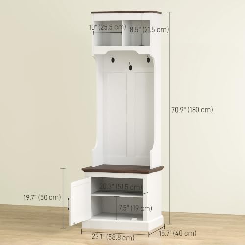 HOMCOM White Wood Grain Hall Tree with Shoe Storage, Coat Rack & Bench, 23.1 x 15.7 x 70.9 inches