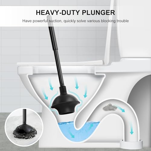 Heavy Duty Toilet Brush and Plunger Set with Holder, Black Bathroom Combo