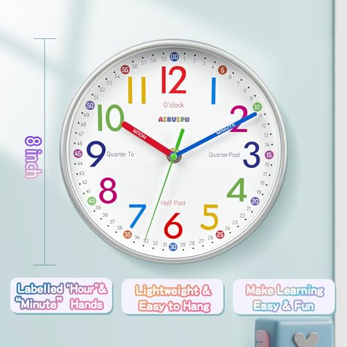 8-Inch Kids Learning Wall Clock, Silent Non-Ticking Educational Time Clock