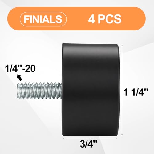 4 Pack Metal Curtain Rod Finials, Black End Caps for 1/4"-20 Threaded Rods