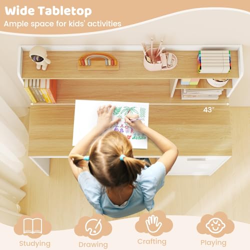 Kids Wooden Desk and Chair Set with Hutch and Storage for Studying