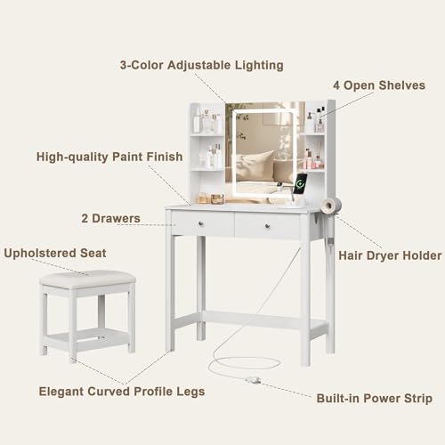 Small Vanity Desk with LED Mirror, 3-Color Lighting, Power Outlet & Stool