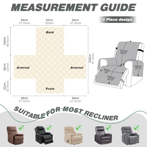 Waterproof Recliner Chair Cover, 22" Reversible Protector with Pockets