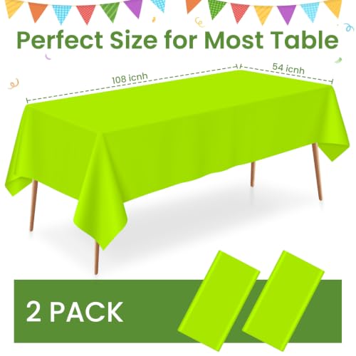 Lime Green Disposable Plastic Tablecloth 54 x 108 Inch - 2 Pack, Waterproof & Stain-Resistant