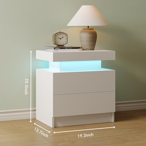 Modern White Nightstand with 2 Drawers and RGB LED Lights