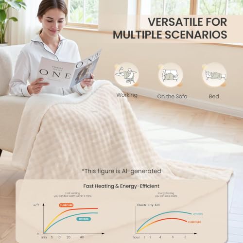 50"x72" Heated Throw Blanket, Electric Sherpa Fleece with 6 Heat Settings