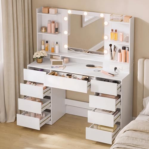 Modern Makeup Vanity Desk with Mirror, 9 LED Bulbs, and 9 Drawers