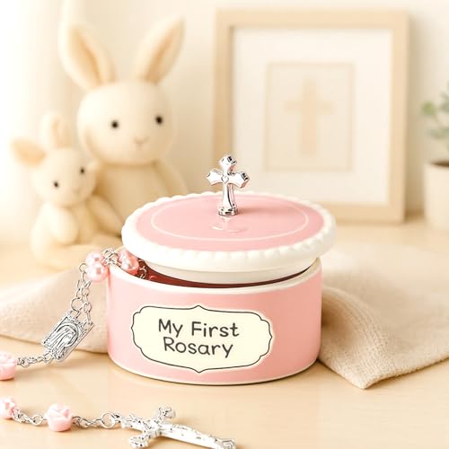 Baby Girl Baptism Gift Set - Pink Rosary with Ceramic Keepsake Box