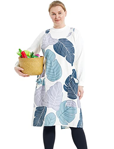 Plus Size Kitchen Apron with Pockets - Cotton Linen Cooking Baking Bib