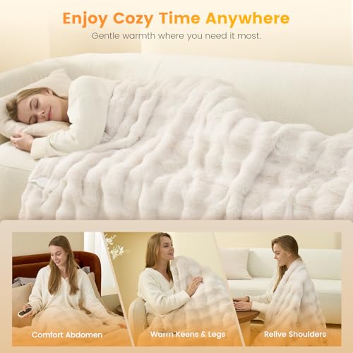 Heated Faux Fur Throw Blanket, 50x60 Inch Electric Blanket with 8 Heat Levels