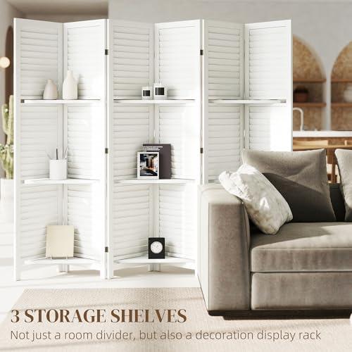 6-Panel Wood Room Divider with Shelves - 67-Inch Folding Privacy Screen