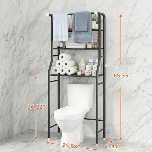UDEAR Black 3-Tier Over Toilet Storage Rack with Hanging Rod Bathroom Organizer